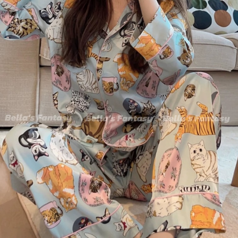 美国 Bella’s Fantasy Bella's Fantasy 赵露思同款猫咪手绘冰丝长袖长裤秋冬睡衣套装超热卖 水蓝色 M 6