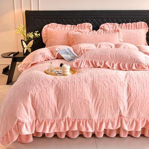 Carved Milk Velvet 4-Piece Bed Cover Set For 1.5m Bed. Heavyweight Velvet, 3D Carving, Heat-retaining & Anti-static, Machine Washable. Princess Ruffle For Cozy Winter. Limited Discount.