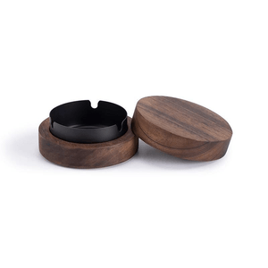 Walnut Wood Ashtray For Home Living Room With Lid Anti-Fly Ash Trendy Ashtray Decoration, Black 4.6*10.3cm*1 Box