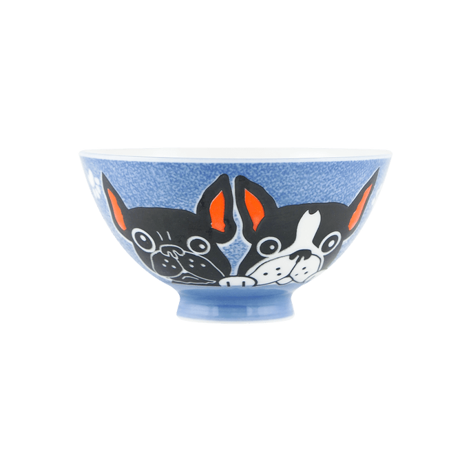 日式藍色陶瓷卡通法國鬥牛犬 飯碗 4.5"Dx2.5"H