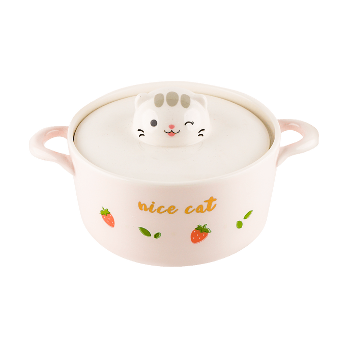 貓咪雙耳陶瓷泡麵碗湯碗 附蓋 粉紅色 15.3cm 1000ml