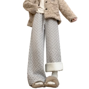 【中国直邮】 HSPM 韩系羊羔绒波点阔腿裤女秋冬新款加绒高腰垂感垂感直筒针织休闲裤 S 卡其色加长 1件