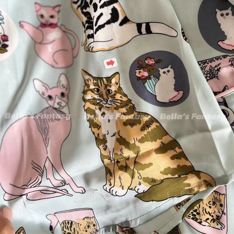 美国 Bella’s Fantasy Bella's Fantasy 赵露思同款猫咪手绘冰丝长袖长裤秋冬睡衣套装超热卖 水蓝色 M 12