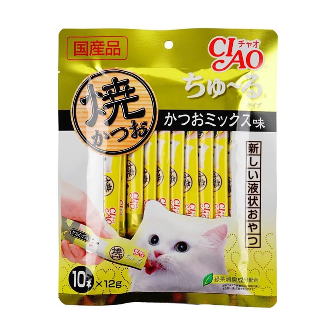Pet Food Cat Treat, Bonito Mix, 0.49 oz x 10 Sticks