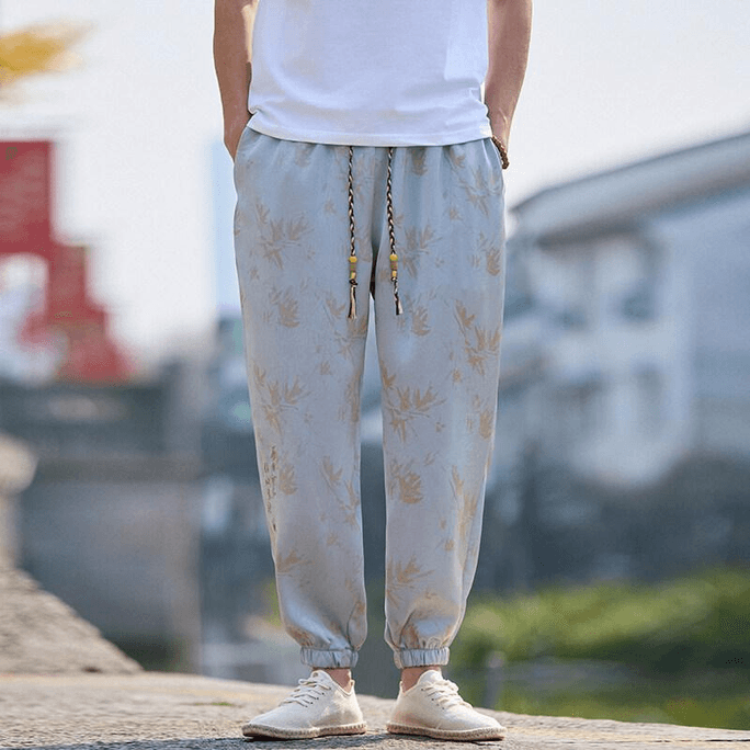 Chinese Style Bamboo Print Silk Loose Harem Cuffed Pants Grey M
