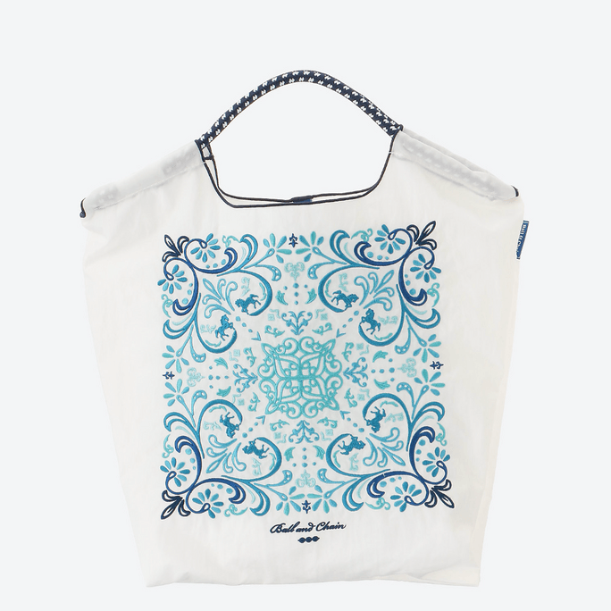 Ball Chain Embroidered Environmentally Friendly Bag #White Rattan Flower Medium + Blue Rope