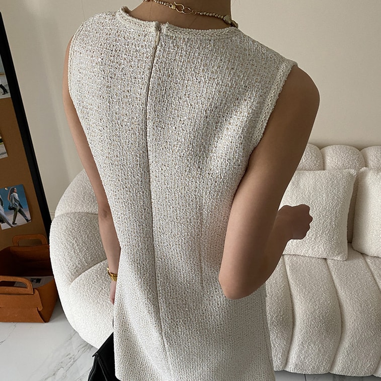 Full Sequin Embroidery Classic H Cut Tweed French Sleeveless Dress Tweed Style Off White M 8