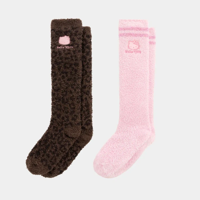 Sanrio Plush Slouch Socks Thermal, Cocoa Leopard & Raspberry Pink 2-Pairs【Hello Kitty Limited Edition】
