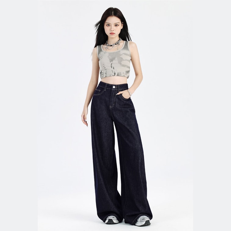 【中国直邮】 HSPM 不掉色深蓝色牛仔裤女新款美式设计感宽松显瘦直筒拖地阔腿裤 深蓝色加绒M 5