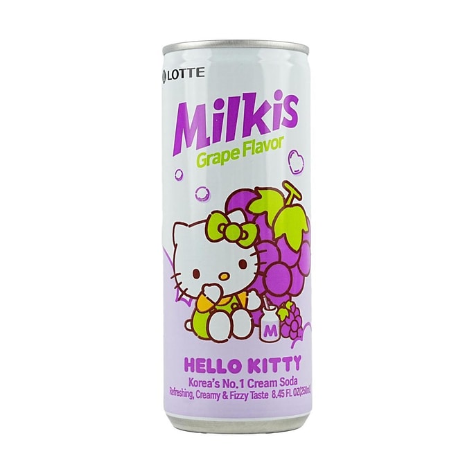 韓國LOTTE樂天 MILKS妙之吻 牛奶蘇打水碳酸飲料 葡萄口味 250ml【HelloKitty限定包裝】