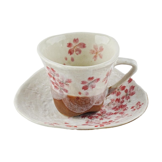 日式陶瓷马克杯子碟子两件套 和风茶托套组 粉色花朵