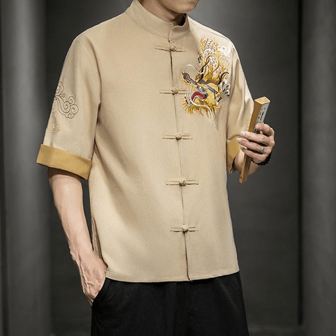 Chinese Style Men's Knot Button Dargon Embroidery Half Sleeve Color Block Blouse Khaki 5XL