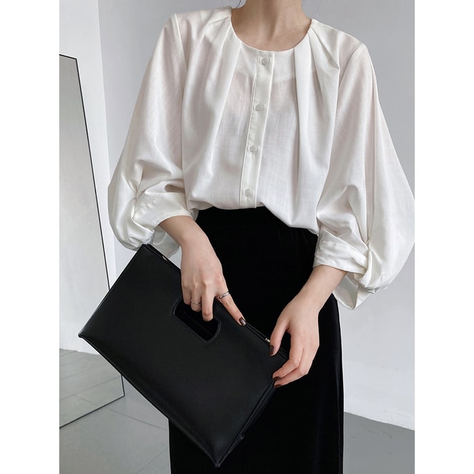 New Chinese Style Cotton And Linen Lantern Sleeve Shirt In White M