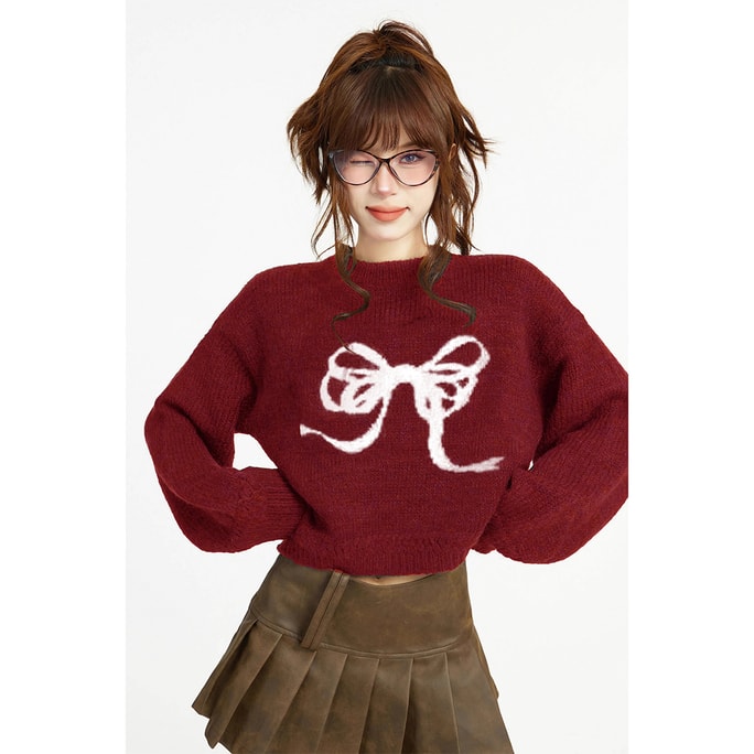 New Sweet Atmosphere Bow Short Knitted Shirt Red S