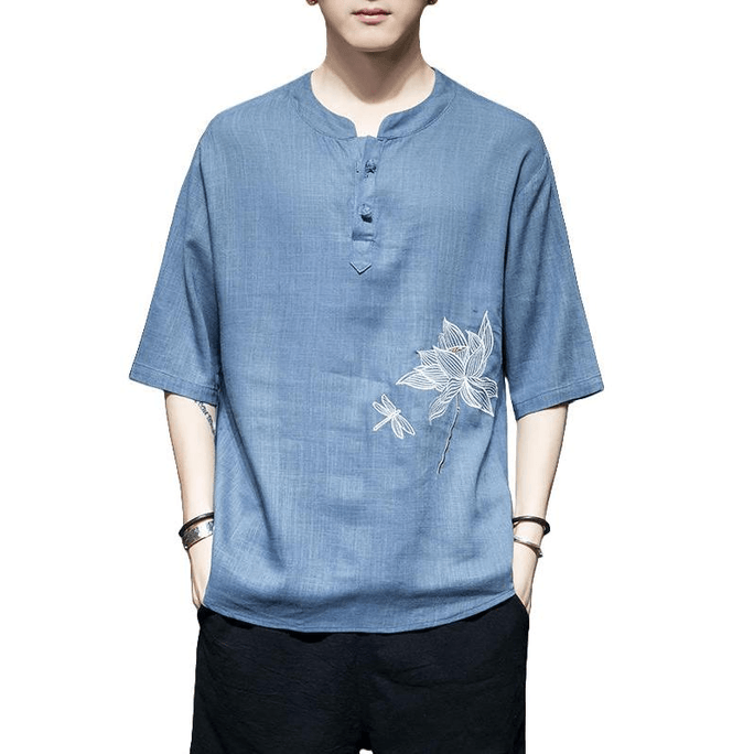 【中國直郵】 ASIS 風男士棉麻刺繡寬鬆唐裝襯衣-藍色 4XL