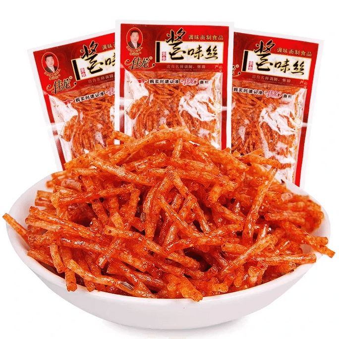 【中国直邮】 佳龙 酱味丝辣条  小零食小吃校园儿时怀旧麻辣好吃的休闲食品 18g*3包