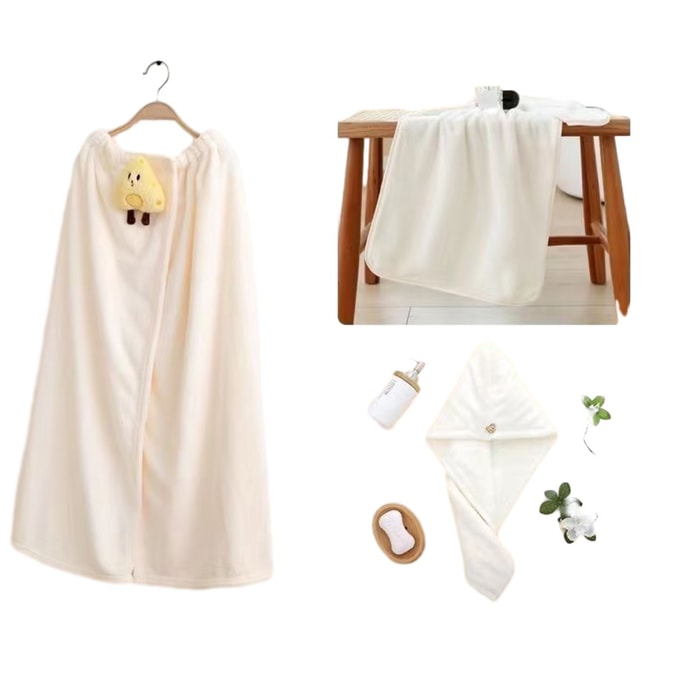 爱优汇 馨织图 浴巾浴裙+毛巾+干发帽三件套 洗漱柔软速干 奶酪白色 ins风奶油白 柔软速干 浴巾三件套 毛巾浴巾套装