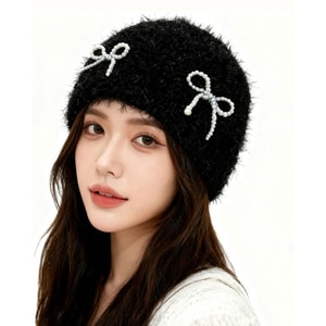 Autumn Winter New Beanie For Women Korean Style Ins Fleece Pearl Bow Knit Hat Soft Slouchy Beanie 1 Piece Black