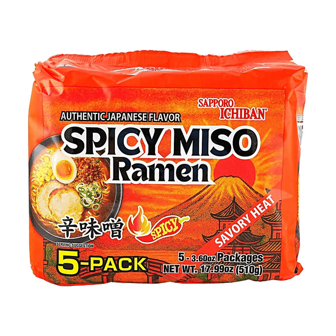 Authentic Japanese Flavor Spicy Miso Ramen with Artificial Flavor, 3.6 oz*5 Pack, 17.99 oz 