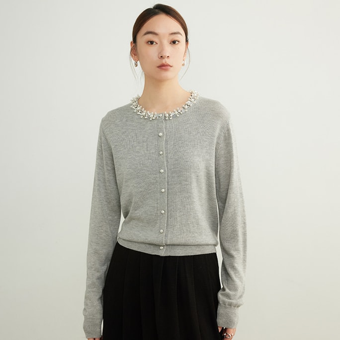 New Arrival Elegant Miu-style Women's Beaded Wool Cardigan - Lightweight  Slim-fit Knitwear, Light Misty Gray, L