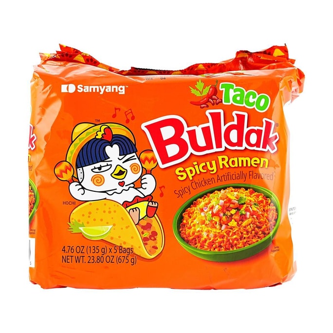Taco Buldak Spicy Ramen Noodles ,Spicy Chicken Artificial Flavor ,5 Bags , 23.8 oz
