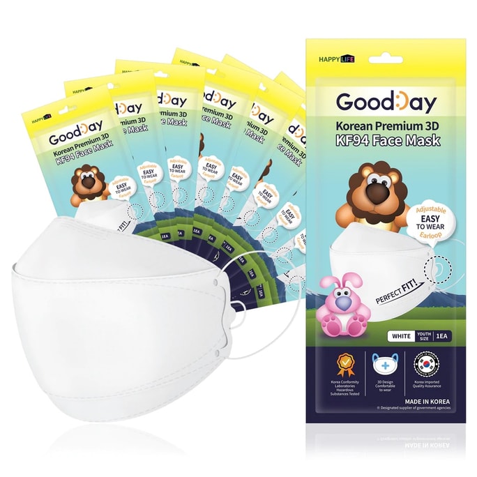 Good Day - Happy Life Premium KF94 Face Mask - Kids/ White / Adjustable - 10 Count - Individually Packaged