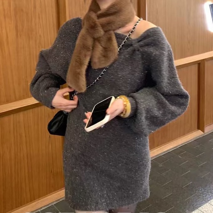 [캐나다 직배송] 시나리오 A라인 니트 드레스 (봄/가을용), 프리사이즈, 3가지 색상 (그레이 포함)