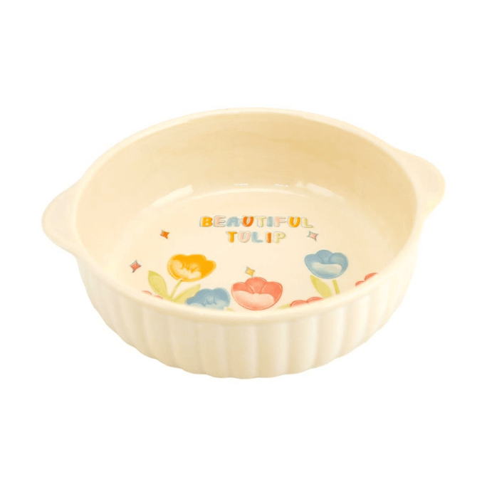 7.5 - Inch Double - Ear Bowl with Stripe and Tulip Pattern, in Japanese - style Yellow Glaze,19 * 15.8 * 5.5CM