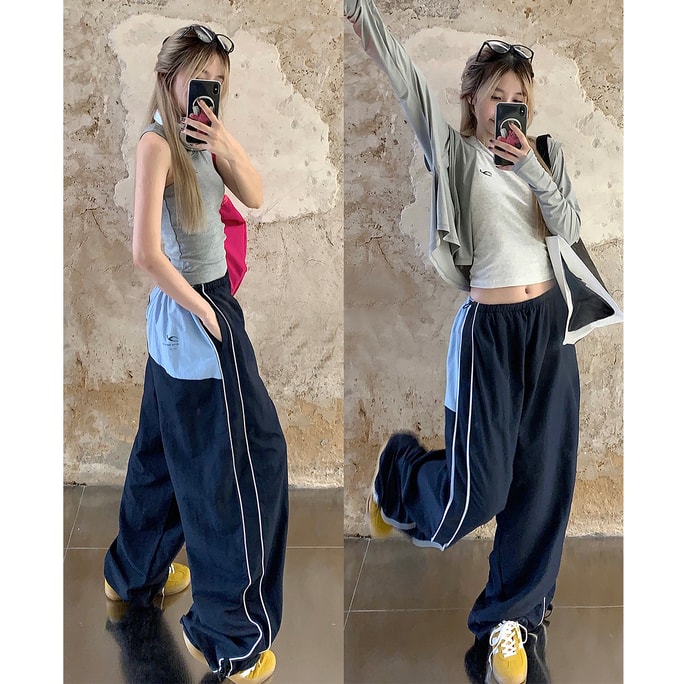 HSPM New American Retro High Waist Contrast Work Casual Pants Dark Blue M