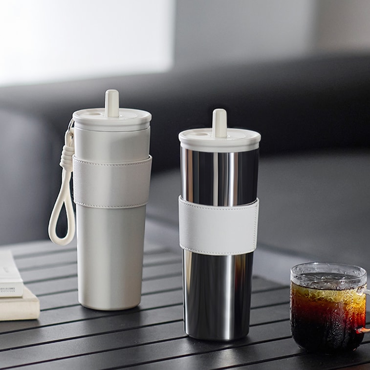 Jumbo straw insulated tumbler, large capacity, 316 stainless steel inner liner, polished silver + ceramic white, 680 ml. 9