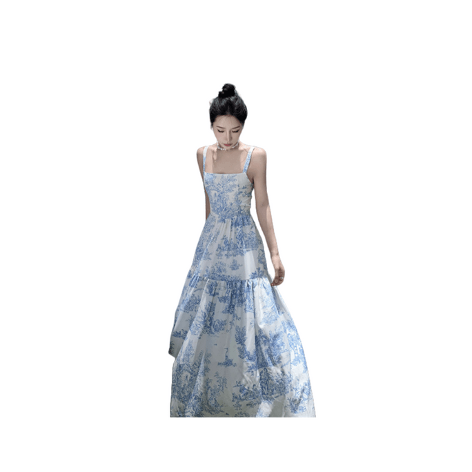 Floral Backless Summer Dress Blue Size S