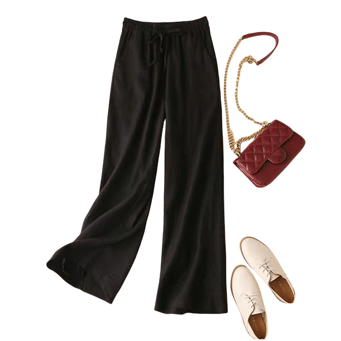 Cotton And Linen High Waist Casual Straight Pants Black M
