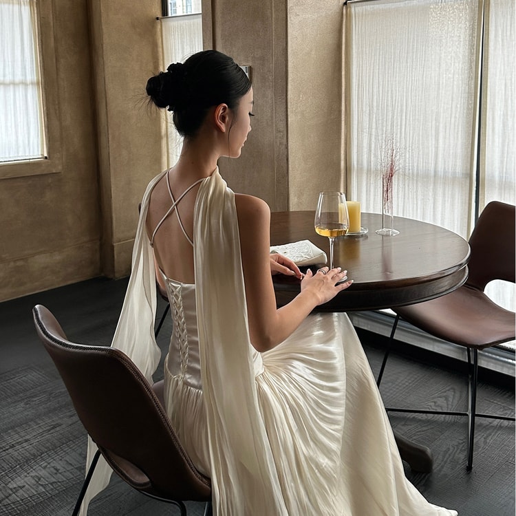 French Halter Dress Engagement Dinner Birthday Cocktail Gown Elegant Maxi  Dress Apricot Model Version M - Yami.com