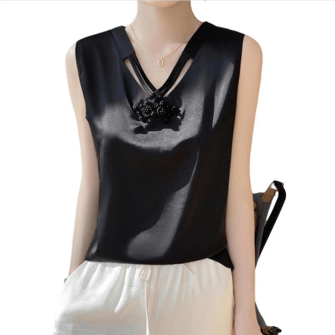 Chinese Style Stain Sleeveless V Neck Tank Tops Black XL