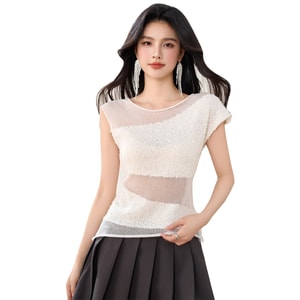【中国直邮】 HSPM 新款网纱拼接设计感修身性感短袖 米白色 M