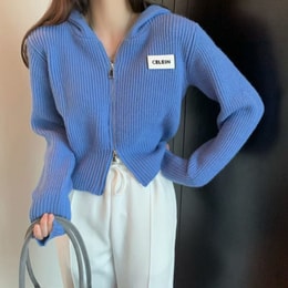 中國直郵 奢笛熊 春季新款時尚外套chic韓風針織毛衣設計感雙拉鍊連帽針織衫 藍色均碼