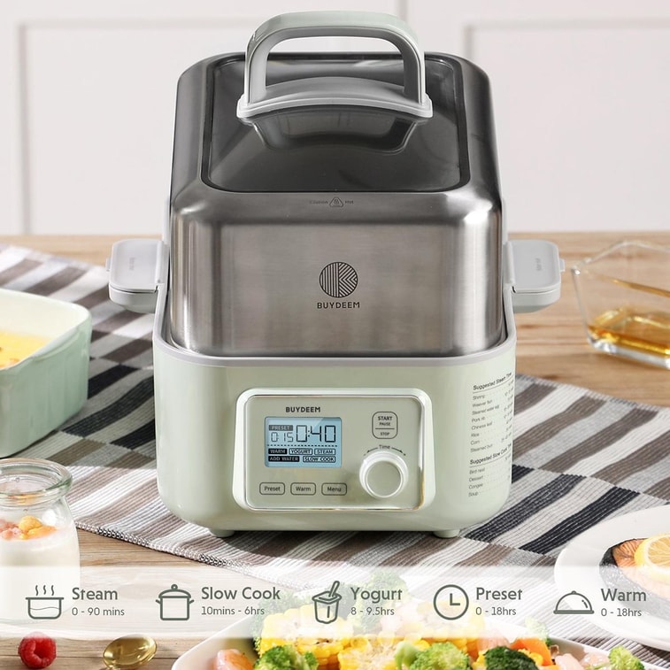 【$40 off with coupon】Electric Food Steamer Light Green 5.3QT/5L Stew Pots Not Included Multi - functional 7