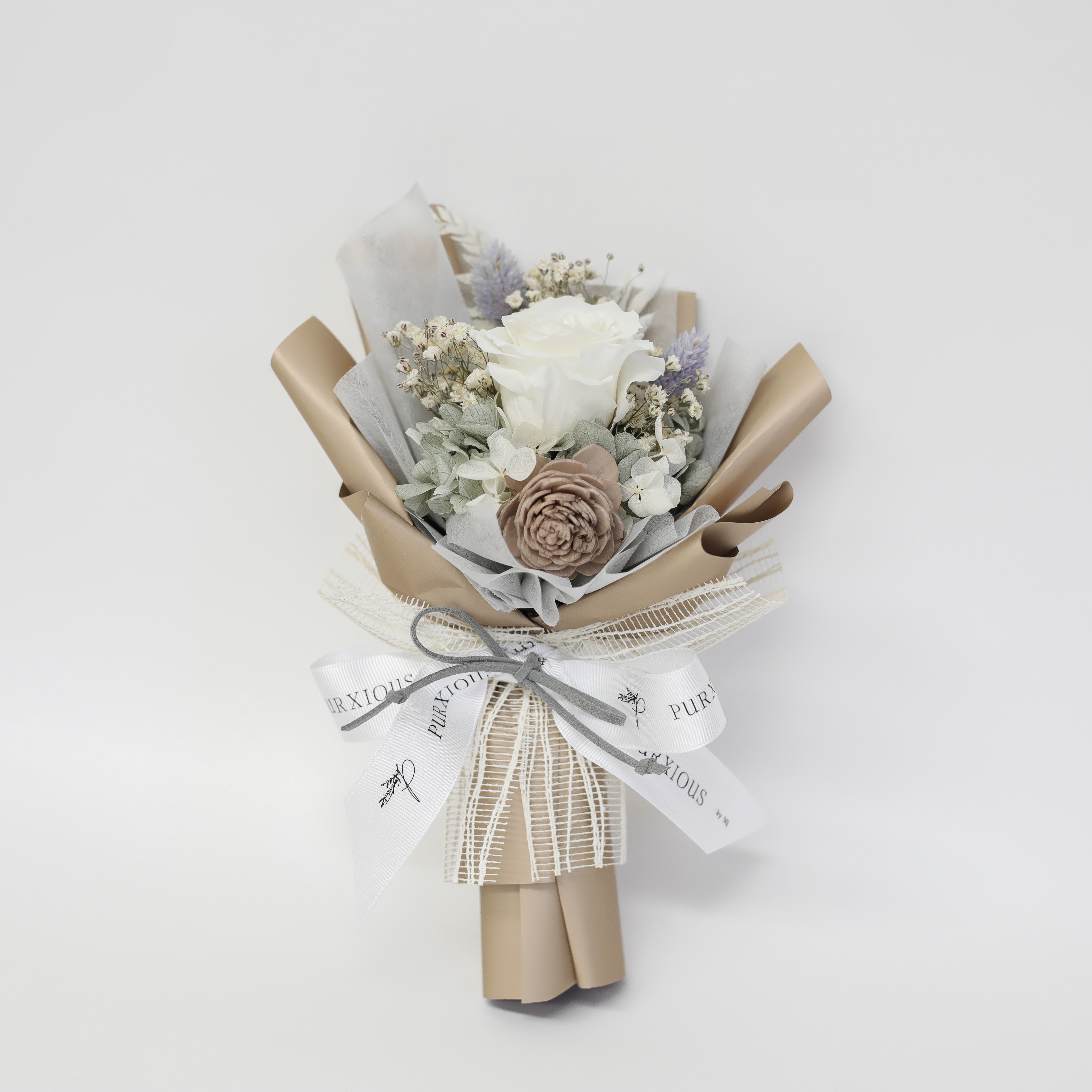 purxious小型永生白色金属感玫瑰花束乾燥花韩式花束情人节礼物毕业