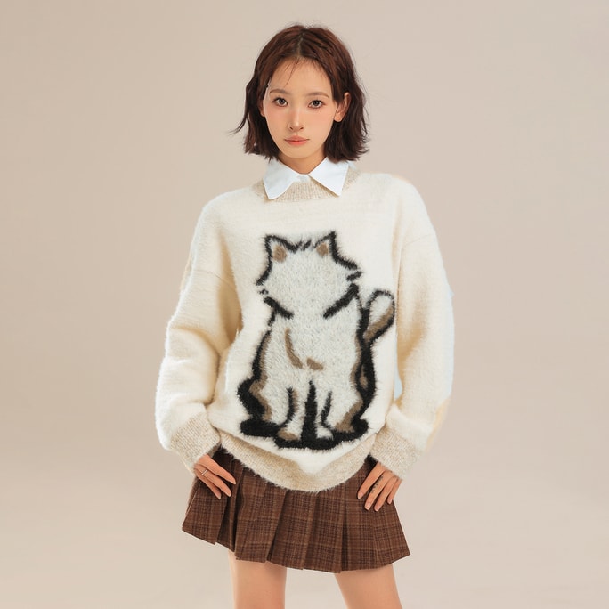 New Mink Fur Loose Round Neck Pullover Knitted Sweater In Beige Color S
