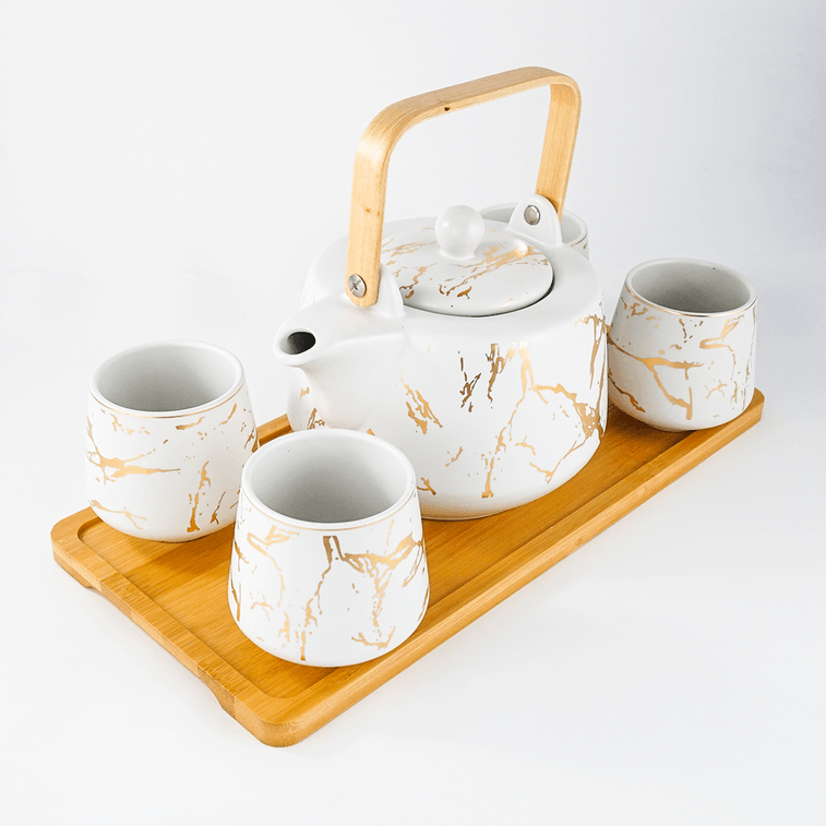 대나무 트레이 대리석 화이트가 포함된 일본 차 세트 4