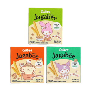 日本CALBEE卡乐比x三丽鸥聯名JAGABEE薯條 淡鹽味+牛油醬油味+海苔味 225g【3種口味3件組合裝】【美樂蒂布丁狗庫洛米】【附贈可愛貼紙】