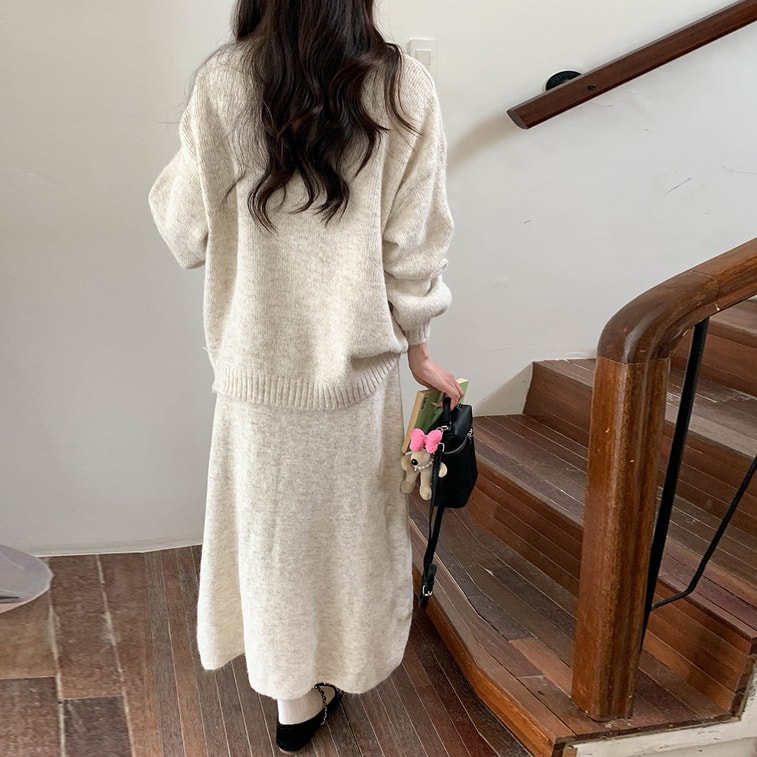 Korean Style 3D Floral Lace Up Sweater And Skirt Set Beige M 1 Set 6
