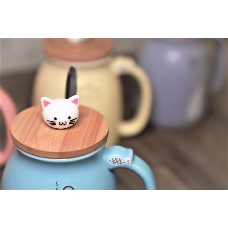 GINKGOHOME Cute Cat Milky Ceramic Mug With Spoon And Wood Lid - Sky Blue 12oz 3