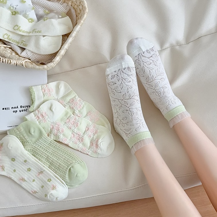 Sheer Mesh Boat Socks Fresh Floral Lightweight Breathable Short Cotton Socks For Women 5 Pairs Set F 1 Set 4
