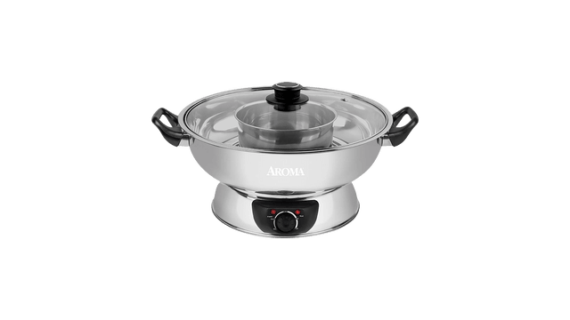 Aroma Housewares ASP-610 Dual-Sided Shabu Hot Pot, 5Qt, Stainless Steel  Aroma Housewares 3 Uncooked/6 Cups Cooked Rice Cooker, Steamer,  Multicooker