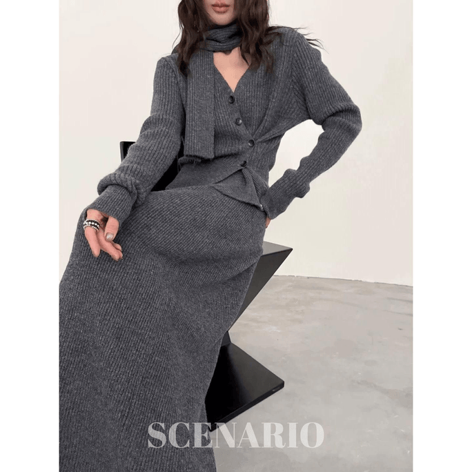 Wool Knit 3 Pieces Set-Three Colors Gray / Free
