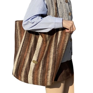 New INS Style Fall Winter Reversible Wool Tote Bag Oversized Slouchy Shoulder Bag Large Capacity Shopping Bag Trendy Vertical Tan Stripe Reversible Style F 1 Piece