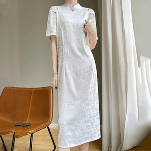 Chinese Style Stain Jacquard Short Sleeves Cheongsam Long Dress White S