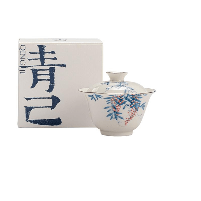 【中國直郵】 一品仟堂 青己玉瓷手繪陶瓷蓋碗家用茶碗泡茶茶杯 紫藤思悠 7*8.7cm