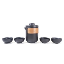 GINKGOHOME Ceramic Tea Set Wooden Handle With Infuser And Travel Case - 1 Teapot with 4 Cups 350ml